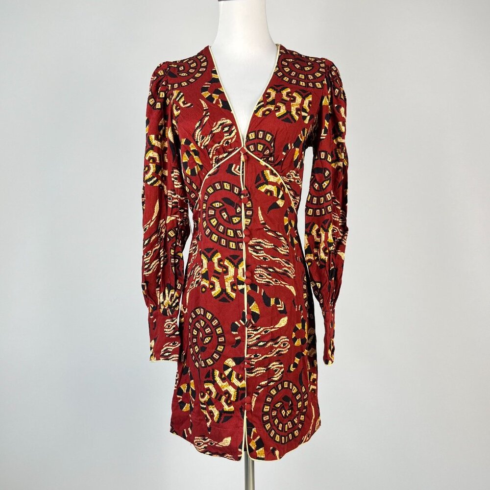 NWT FARM Rio Anthropologie Long Sleeves V-neck Snake Print Mini Dress Size XS - Picture 4 of 16
